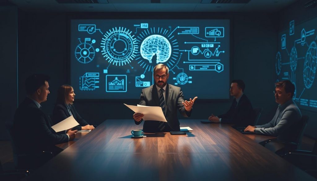 A dimly lit corporate office setting, with a large table surrounded by executives in suits. In the foreground, a businessperson appears puzzled, holding documents and gesturing to the group. Projected on the wall behind them, a series of complex data visualizations and technical diagrams representing AI and emerging technologies. The lighting is moody, with shadows and highlights emphasizing the challenges and hesitation around AI adoption. The overall atmosphere conveys a sense of uncertainty, as the executives grapple with the obstacles and limitations of integrating AI into their business.