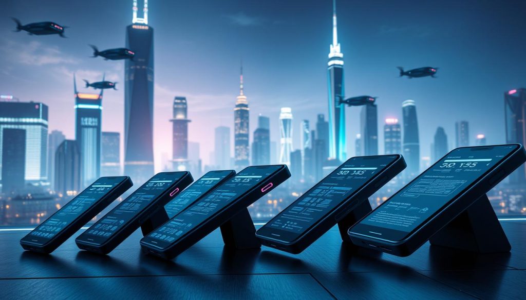 A high-tech futuristic cityscape at night, with skyscrapers and hovering vehicles in the background. In the foreground, a group of sleek, angular smartphones are lined up, each with a unique and distinctive design. The smartphones are illuminated by a soft, neon glow, and they appear to be racing against each other, their screens flashing with data and AI-driven features. The scene conveys a sense of competition, innovation, and the rapid evolution of mobile technology in the year 2025. A high-tech futuristic cityscape at night, with skyscrapers and hovering vehicles in the background. In the foreground, a group of sleek, angular smartphones are lined up, each with a unique and distinctive design. The smartphones are illuminated by a soft, neon glow, and they appear to be racing against each other, their screens flashing with data and AI-driven features. The scene conveys a sense of competition, innovation, and the rapid evolution of mobile technology in the year 2025.