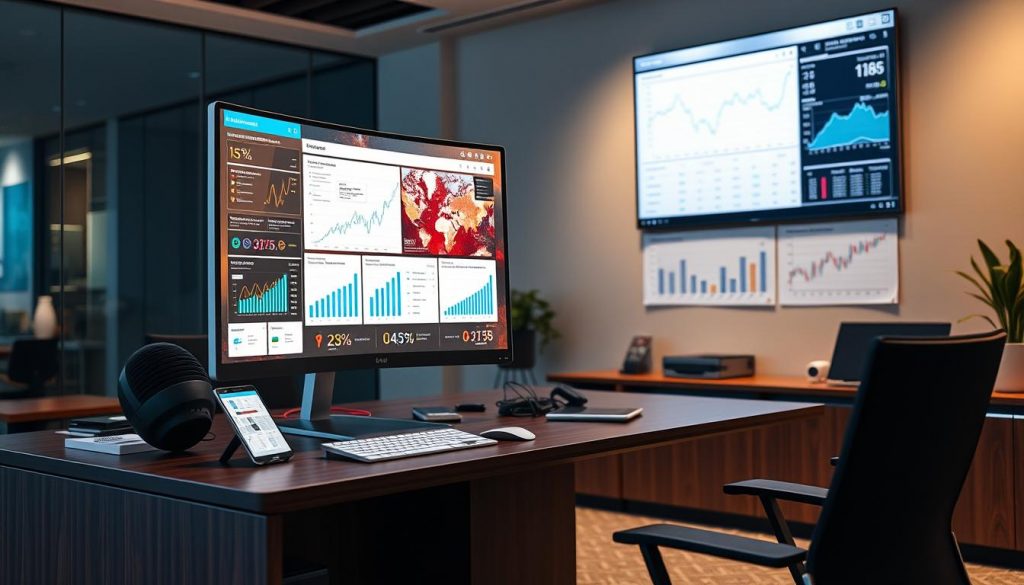 A modern office interior with a large, curved computer monitor displaying vibrant visualizations and analytics dashboards. The desk is made of sleek, dark wood, and there are various business intelligence and data analysis tools neatly arranged around the workspace. Subtle lighting casts a warm glow, creating a professional and productive atmosphere. In the background, a wall-mounted display shows complex financial reports and market trends. The overall scene conveys the power of AI-driven business intelligence to empower decision-making and drive organizational growth.