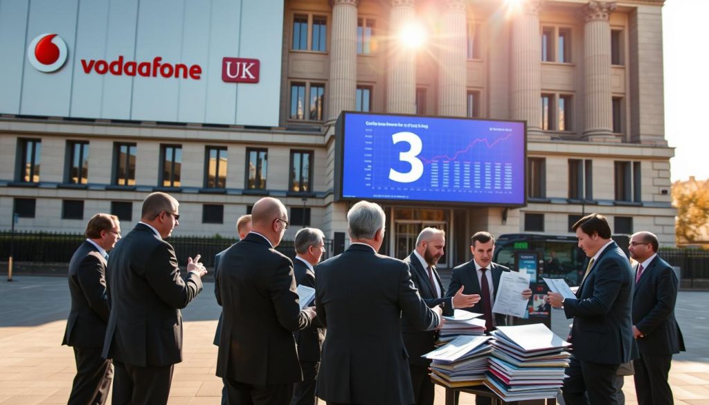 A high-angle shot of a large government building, its facade adorned with the logos of Vodafone and Three UK. Sunlight streams through the windows, casting a warm glow over the scene. In the foreground, a group of businesspeople in suits stand gathered, engaged in a heated discussion, gesturing towards stacks of documents and a large screen displaying financial data. The mood is one of intense scrutiny and deliberation, as the regulatory approval process for the merger unfolds. The depth of field is shallow, keeping the focus on the central figures while the background remains slightly blurred, conveying a sense of the broader implications of this decision. A high-angle shot of a large government building, its facade adorned with the logos of Vodafone and Three UK. Sunlight streams through the windows, casting a warm glow over the scene. In the foreground, a group of businesspeople in suits stand gathered, engaged in a heated discussion, gesturing towards stacks of documents and a large screen displaying financial data. The mood is one of intense scrutiny and deliberation, as the regulatory approval process for the merger unfolds. The depth of field is shallow, keeping the focus on the central figures while the background remains slightly blurred, conveying a sense of the broader implications of this decision.